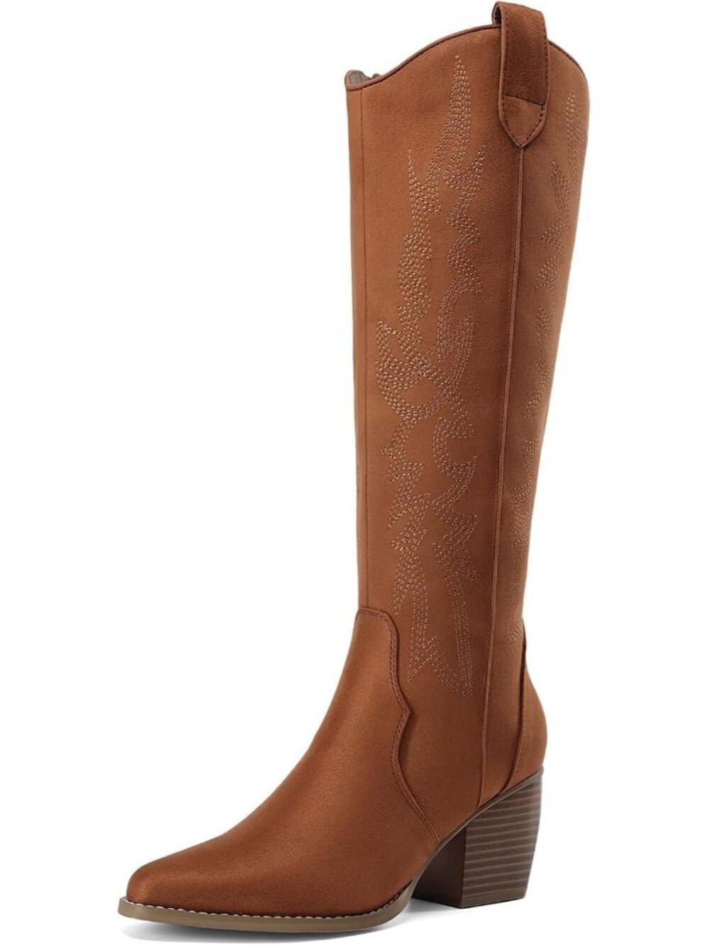 Womens Brown Wide Calf Pull On Zipper Chunky Heel Western Cowgirl Knee High Boot